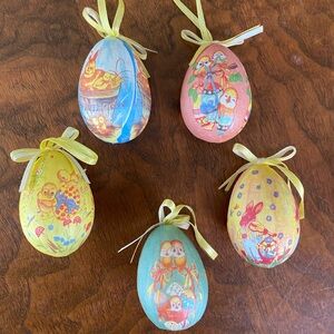 Vintage Easter Egg Ornaments Papier Mache paper with Ribbons set of 5 different